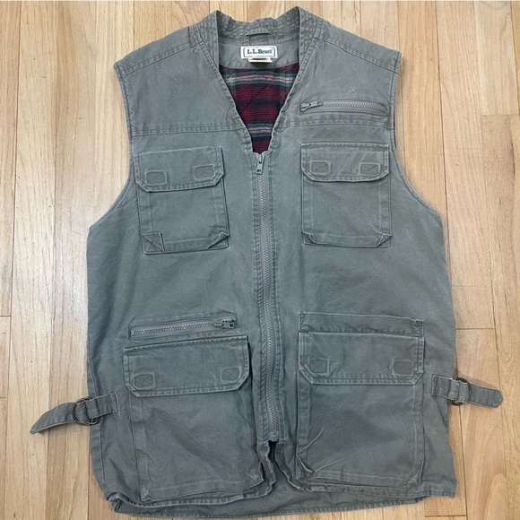 VTG LL Bean Vest Tactical Green Small Nature Safari Flannel Lined Fly Fishing - Picture 1 of 16